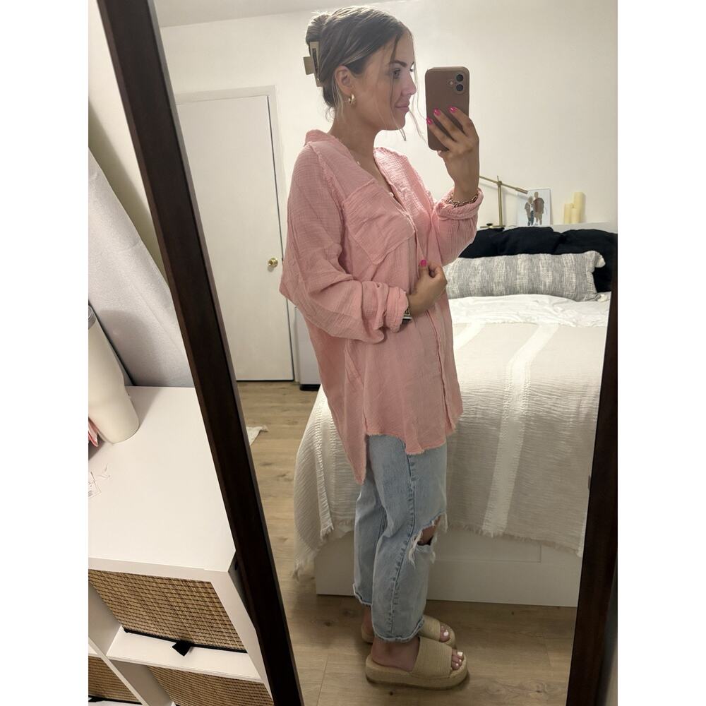 Aerie Pool-To-Party Cover Up Button Pink Size Small Oversized Lagenlook Beach - Picture 2 of 10